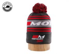 Изготовленная на заказ зимняя мягкая вязаная шапочка Унисекс с манжетами и помпонами в полоску темно-серого цвета-b011