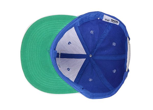 Внутри сине-белая бейсболка с синим логотипом